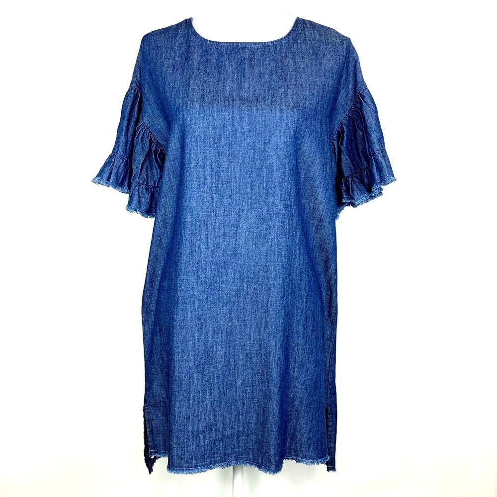 Girl Krazy Womens Size S Tunic Top Thin Denim Jean Cotton Ruffle Sleeve Casual